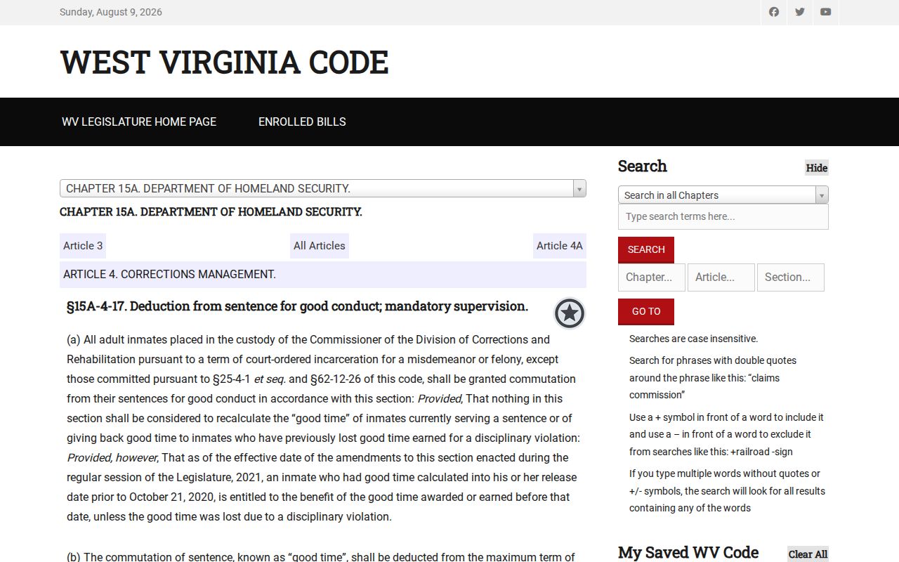 West Virginia good-time law for Wirt County projected release dates