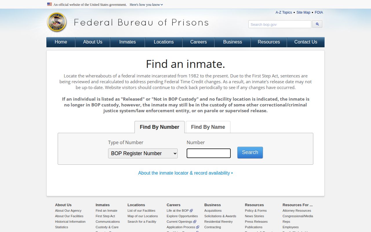 Federal BOP locator for a Wirt County release record check