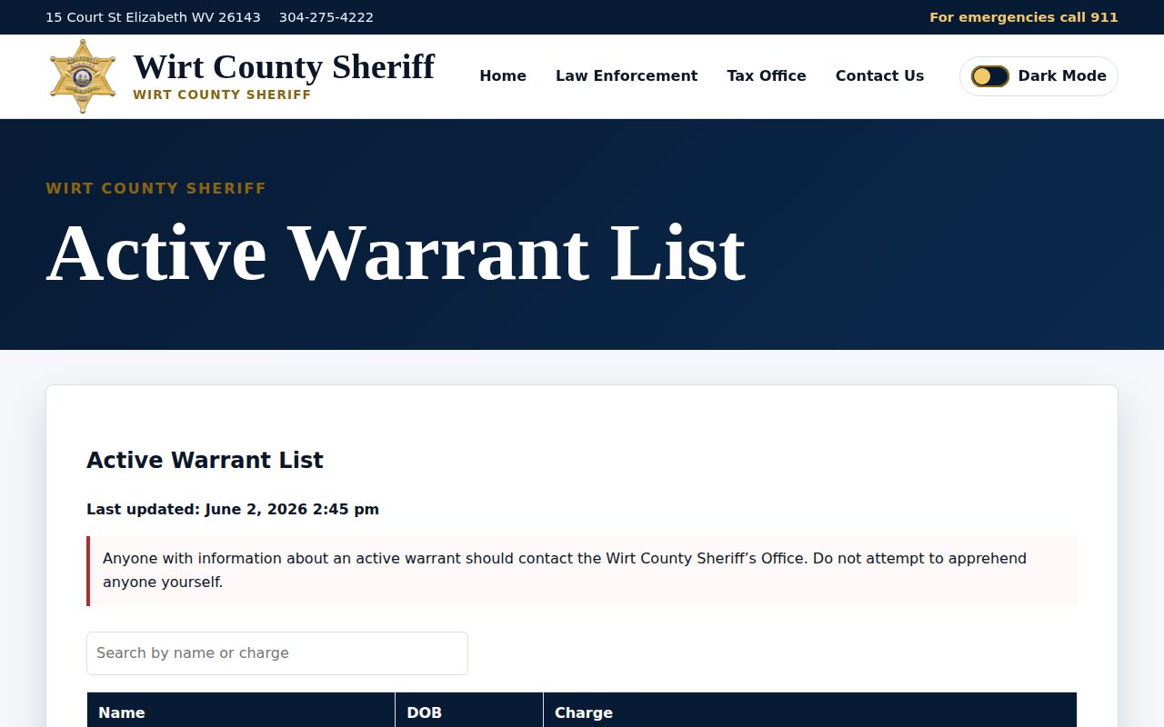 Wirt County active warrant record page, not a release list